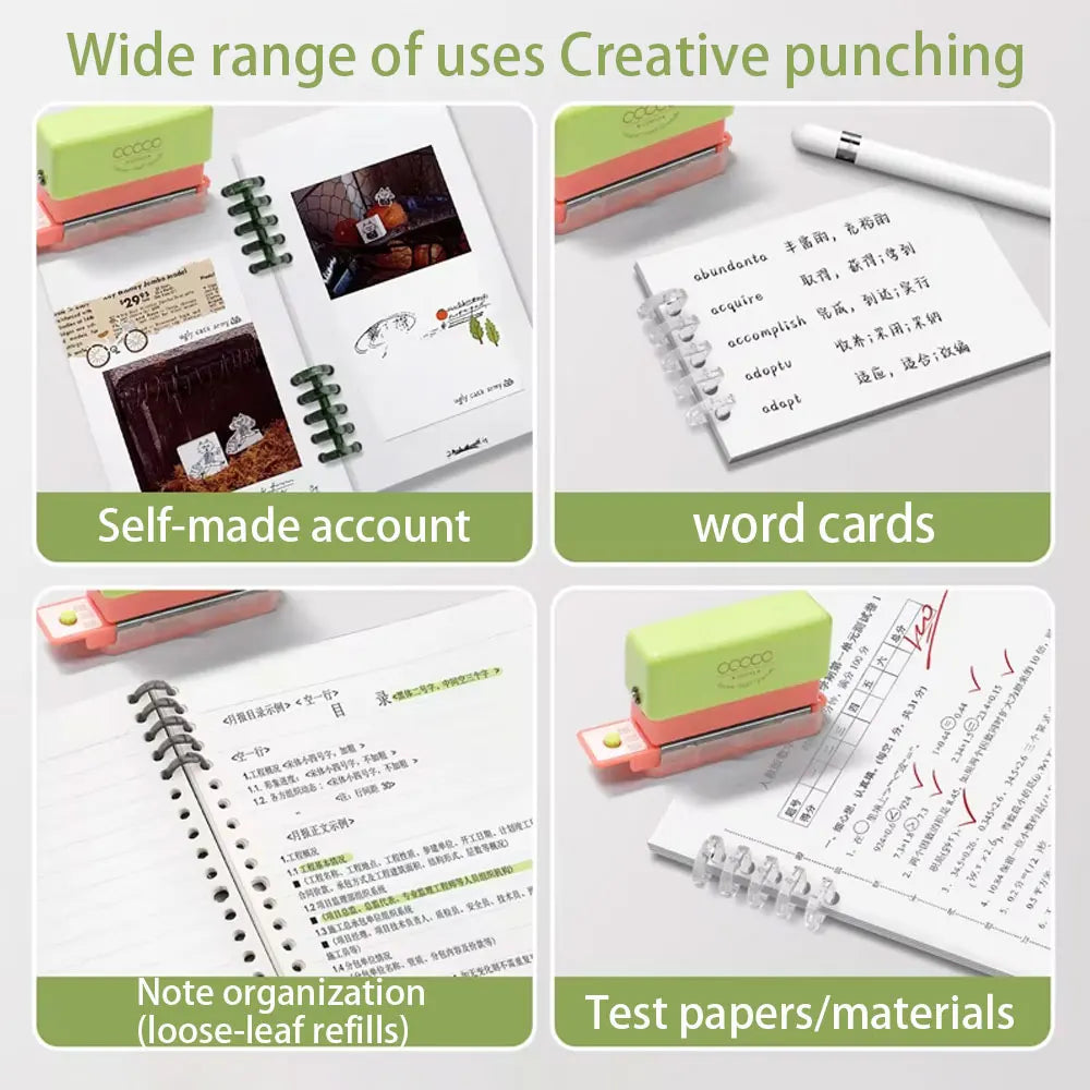 A set of creative punching tools including self-made account sheets, word cards, note organization templates, and test papers