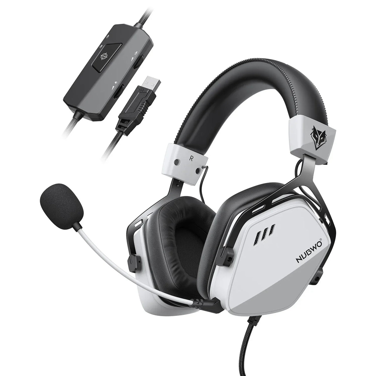 A black and white Pro USB Gaming Headset with a padded ear cup and microphone is shown with its cable.