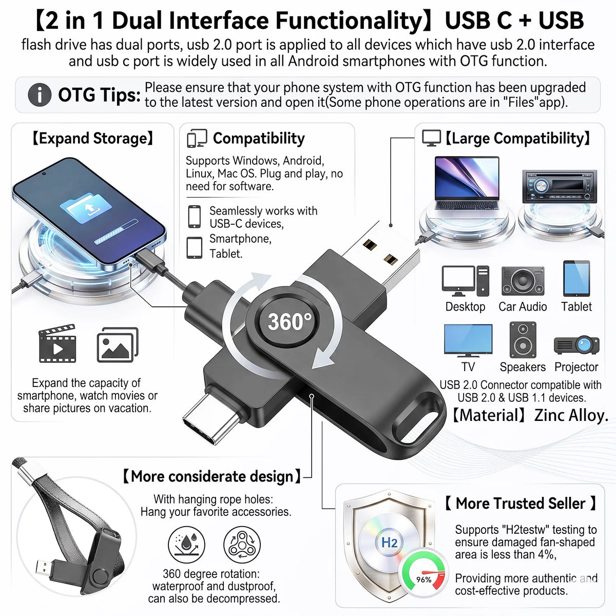 A black USB C and USB flash drive with a 360 degree connector for dual interface functionality.