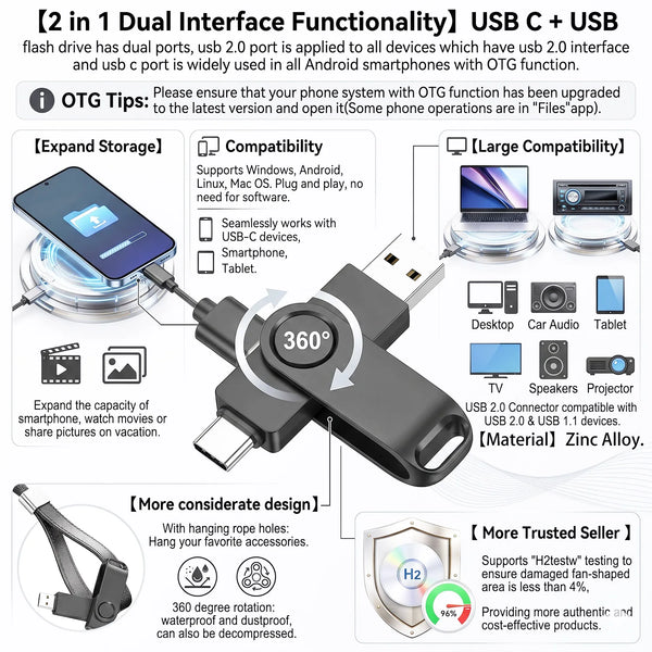 A black USB C and USB flash drive with a 360 degree connector for dual interface functionality.