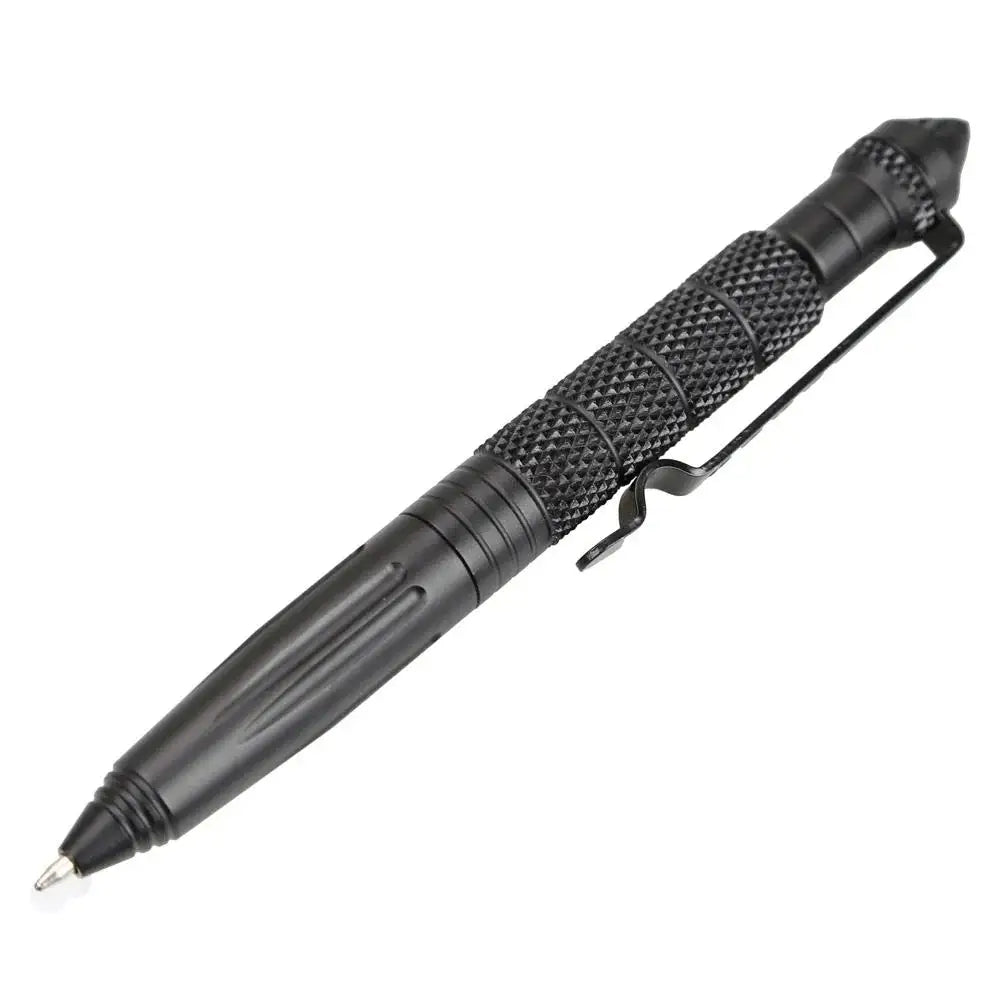 Black tactical aluminum pen with a textured grip and clip.