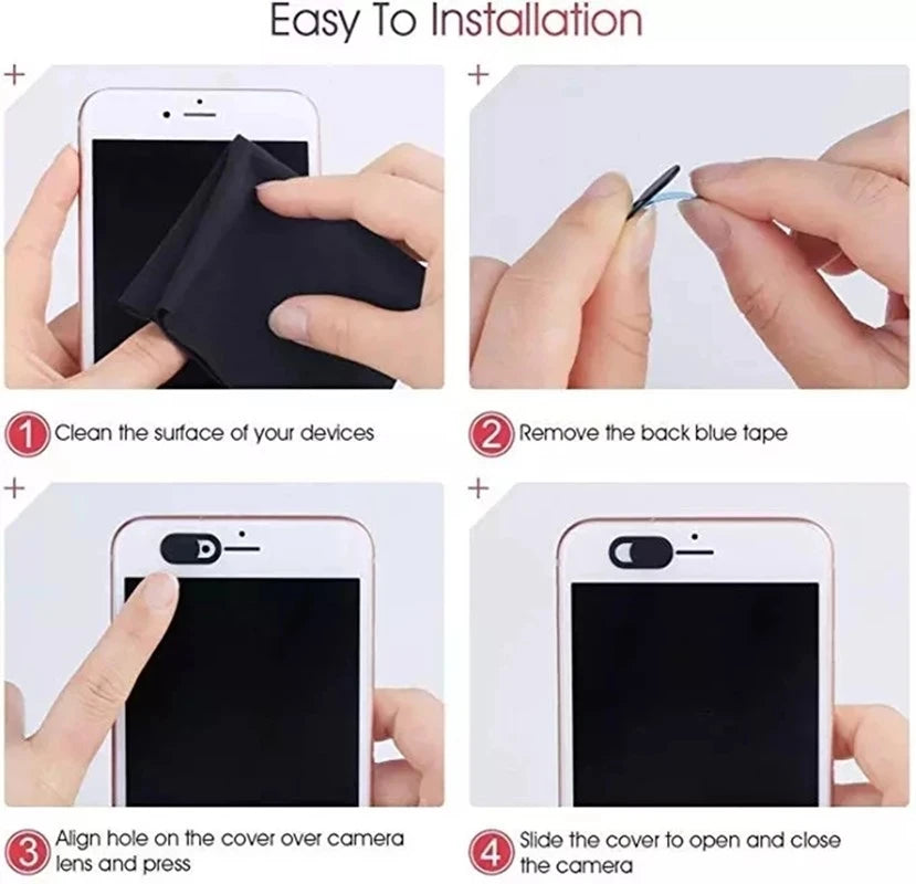 Instructions showing how to install a privacy webcam shutter slider on a digital device.