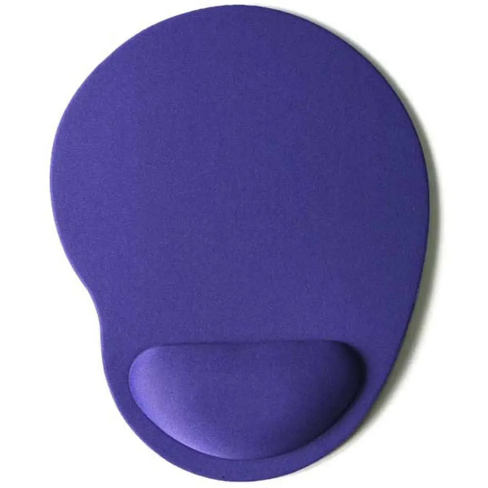 A purple ergonomic mouse pad with a contoured shape and wrist support.