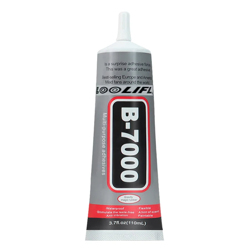 A bottle of B-7000 multi-purpose adhesive jewelry glue with a white cap and black label.