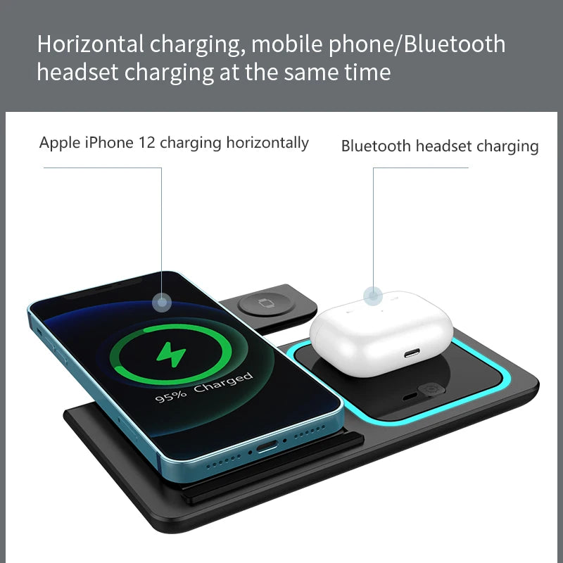 Base de carga que permite cargar horizontalmente un iPhone y unos auriculares Bluetooth simultáneamente.