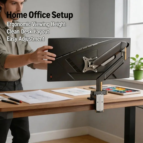 A person adjusts an ergonomic monitor arm setup for a home office desk.