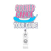 Glittery pink and blue acrylic tag with the text Cooter Canoe Tour Guide