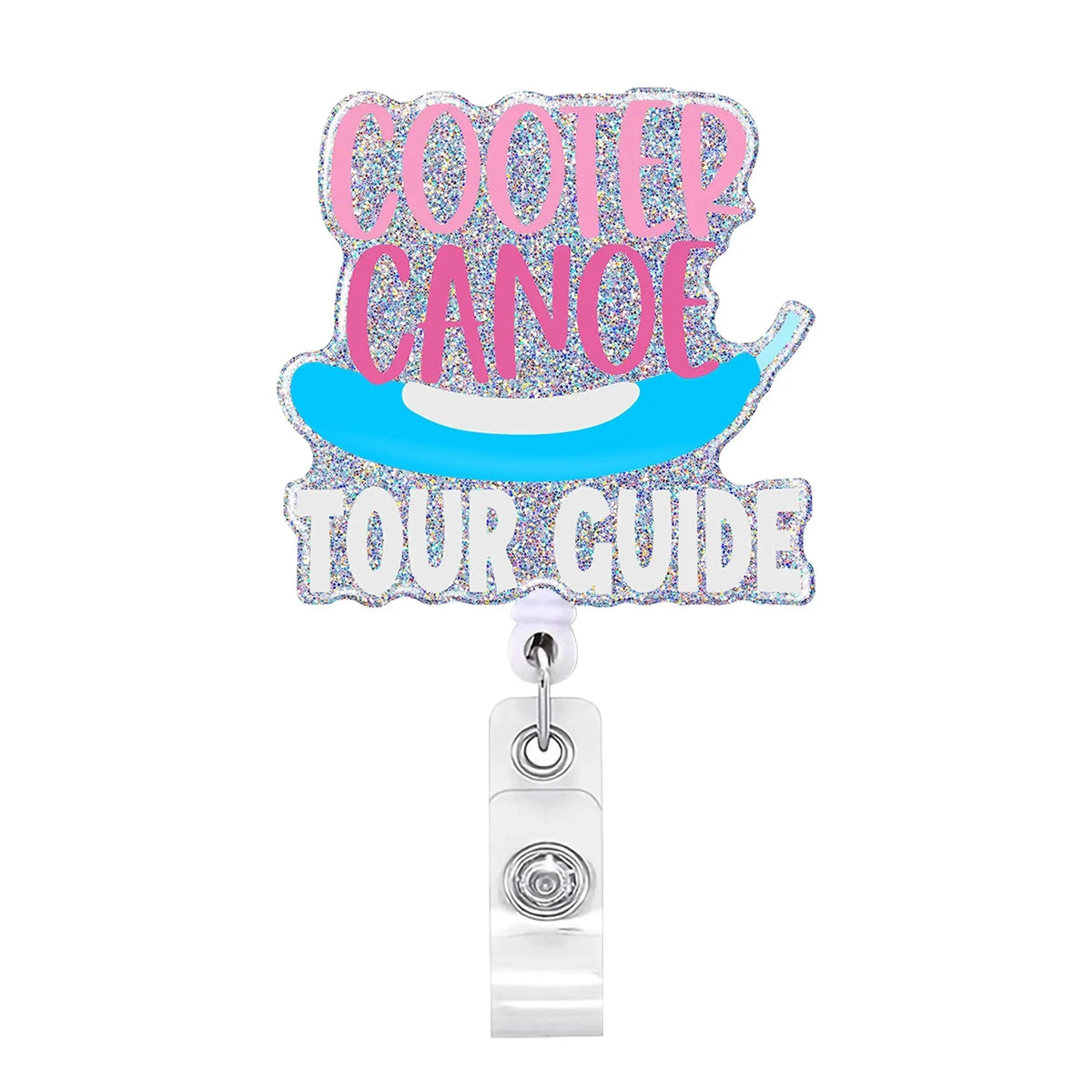 Glittery pink and blue acrylic tag with the text Cooter Canoe Tour Guide