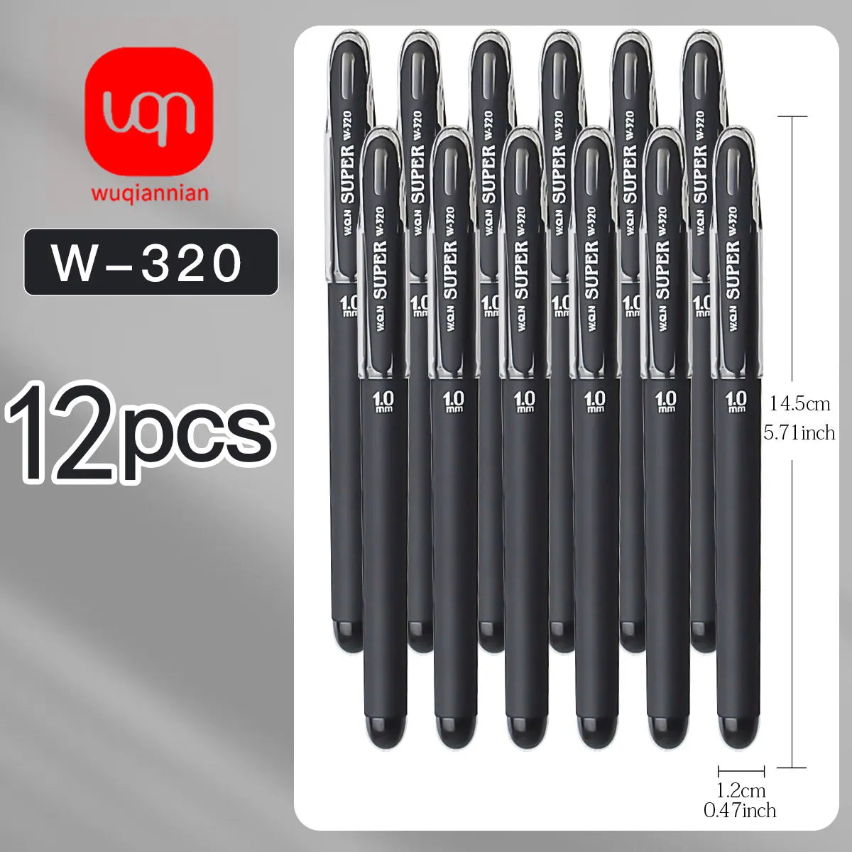 A set of 12 black smooth writing gel pens with 1.0mm tips packaged for sale.