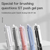 A display of five smooth writing gel pens in various colors and finishes.