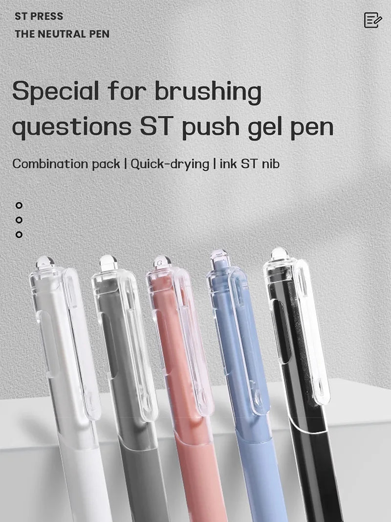 A display of five smooth writing gel pens in various colors and finishes.
