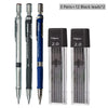 A set of three Bic pens and twelve black leads for a precision mechanical pencil set with 2.0mm leads.