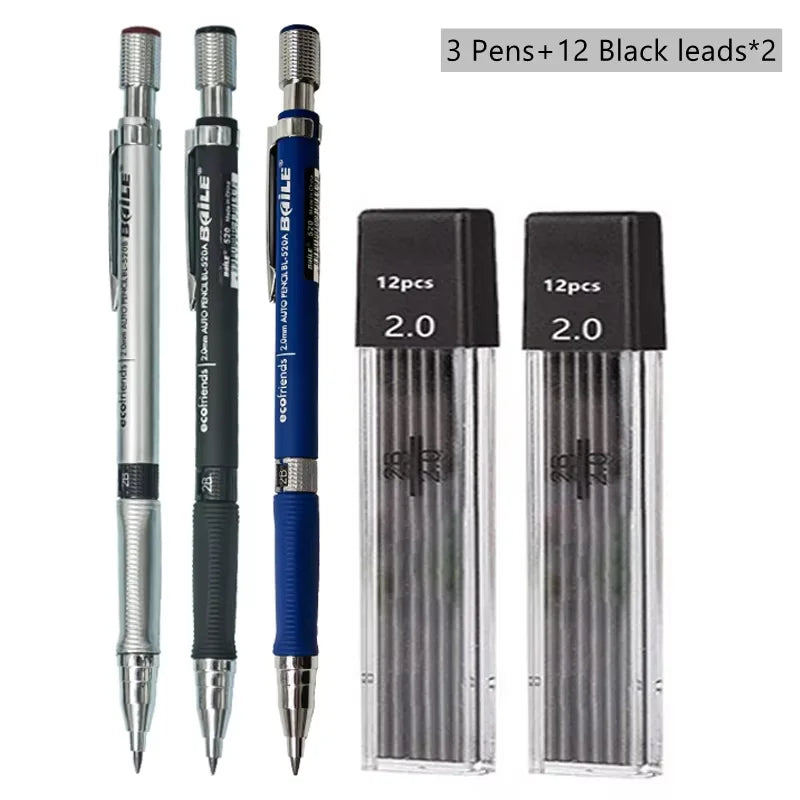 A set of three Bic pens and twelve black leads for a precision mechanical pencil set with 2.0mm leads.