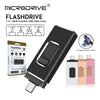 A black MicroDrive flash drive with multiple connectors for iPhone, Android, and USB3.0 devices.