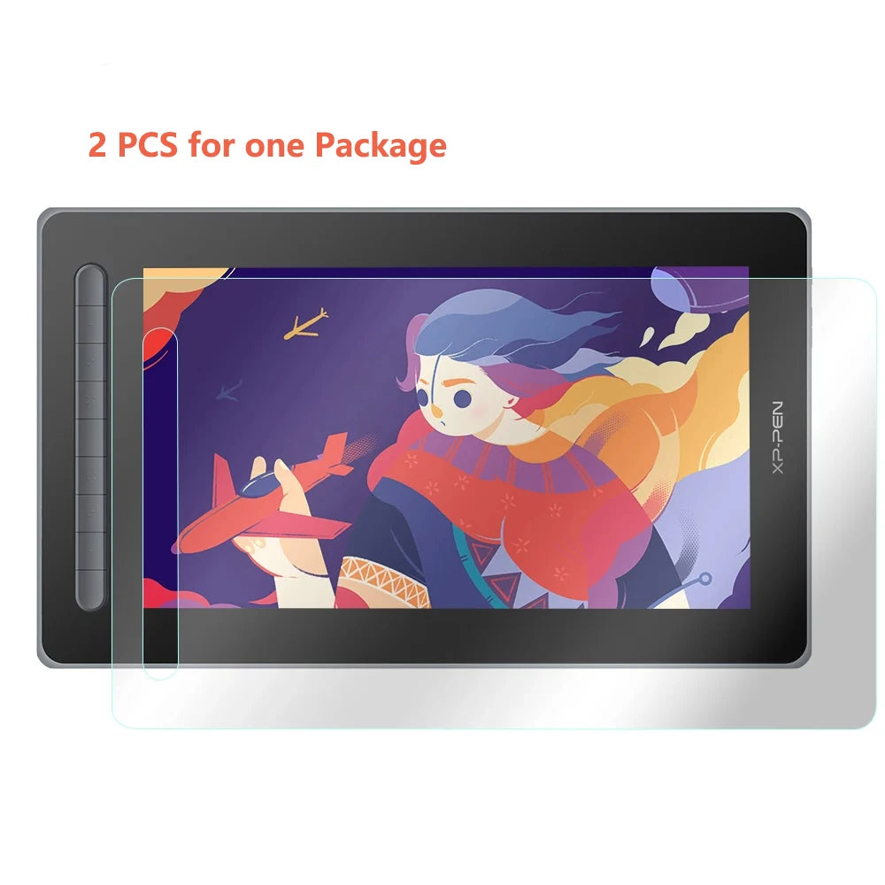 A matte film screen protector is shown on a tablet displaying an illustration of a woman with blue hair and orange clothing.