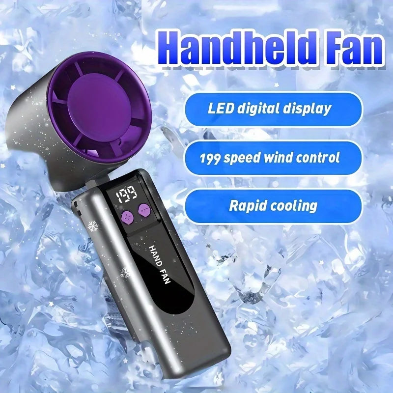 A handheld fan with a digital display and purple blades is shown against a background of ice.