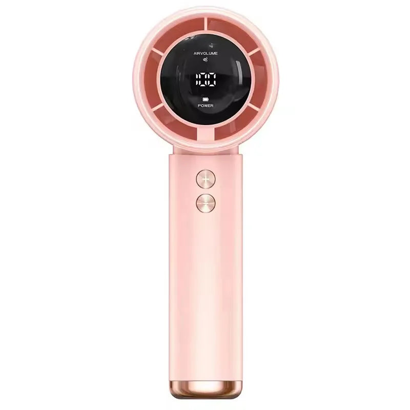 A pink mini handheld USB portable cooling fan with a circular grille and power button.