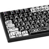 A close-up view of a black mechanical keyboard featuring comic-style PBT keycaps in black and white.