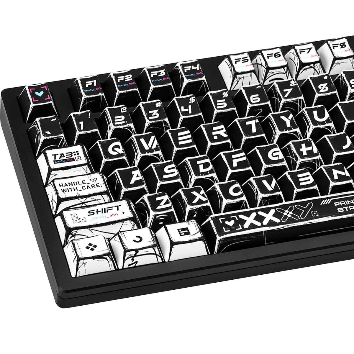 A close-up view of a black mechanical keyboard featuring comic-style PBT keycaps in black and white.