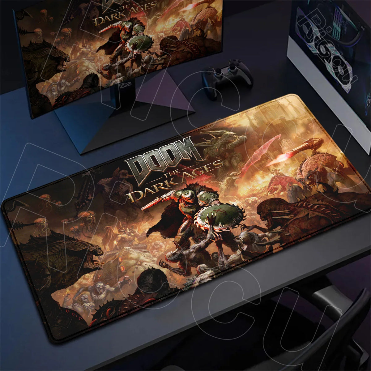 حصيرة مكتب ألعاب كبيرة تحمل فن شخصيات Doom العصور المظلمة.