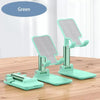 A green foldable adjustable phone holder stand with a padded cradle and support base.