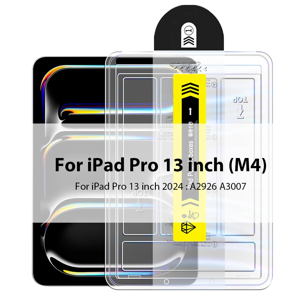 Protector de pantalla de vidrio templado para iPad Pro 13 pulgadas (M4), mostrando la película protectora y el empaque.