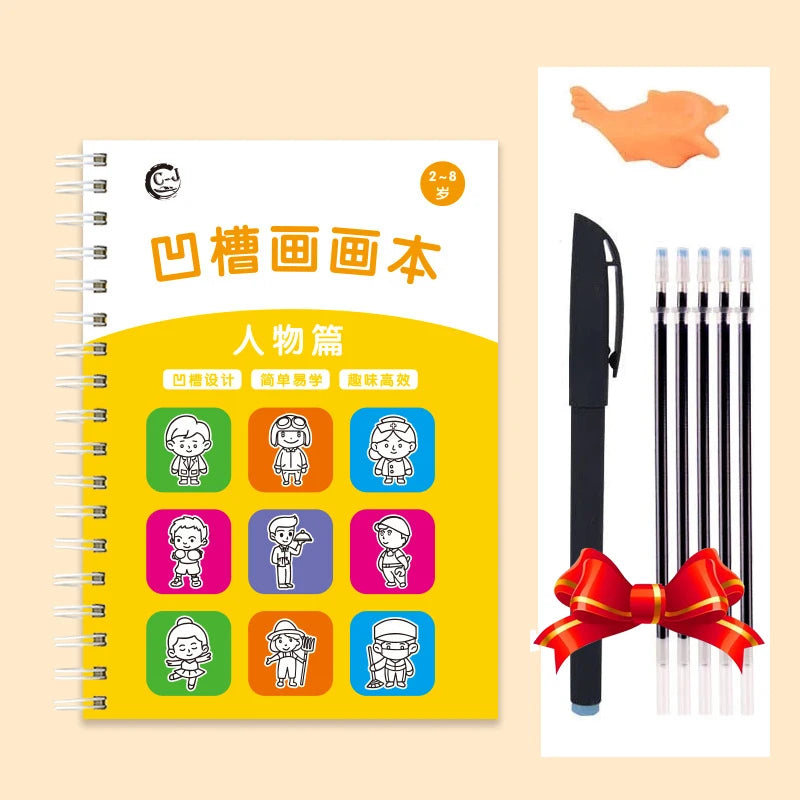 A yellow notebook for kids drawing practice featuring various animal figures and a hand print example.