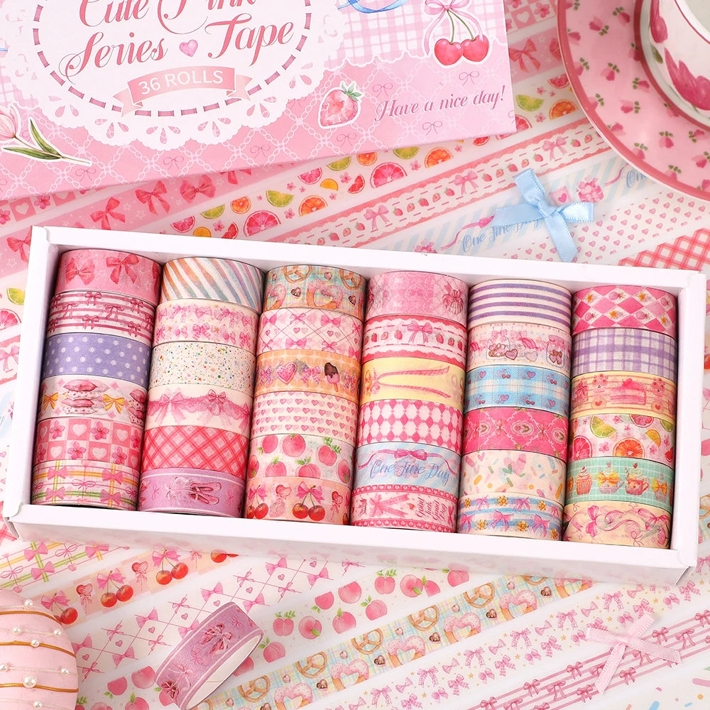 A box of 36 rolls of cute butterfly and gingham washi tape in various pink, purple, and floral patterns.