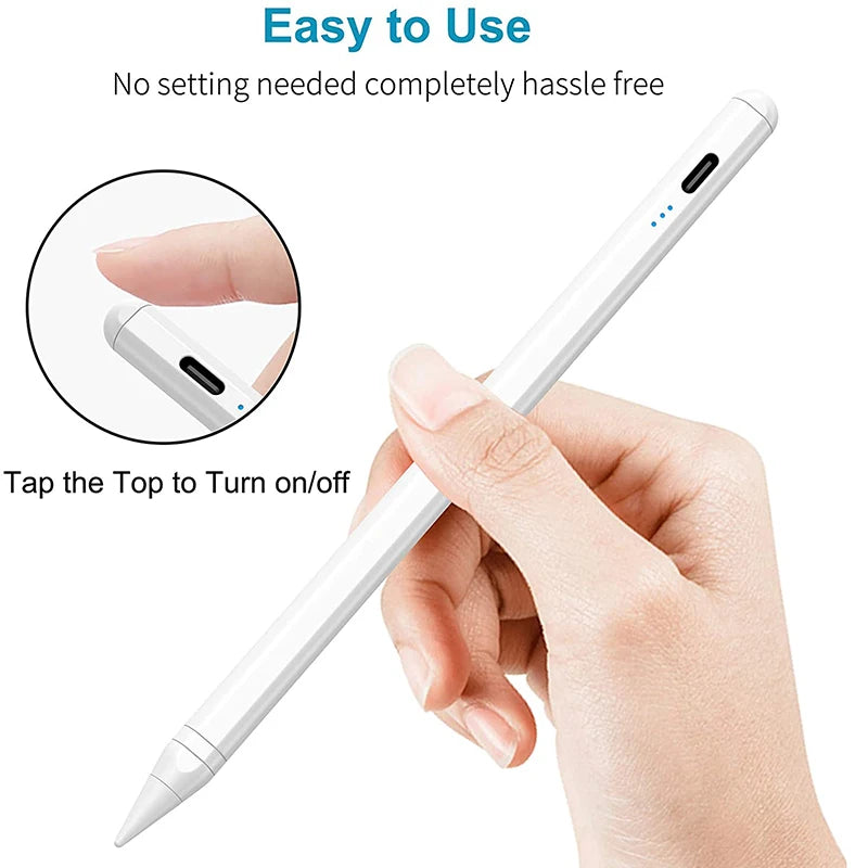 A hand holds a white stylus pen, demonstrating how to tap the top to turn it on or off.