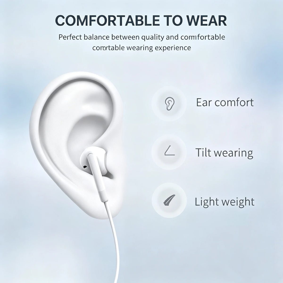 A white wired earphone is shown next to a human ear, highlighting features like ear comfort, tilt wearing, and light weight.