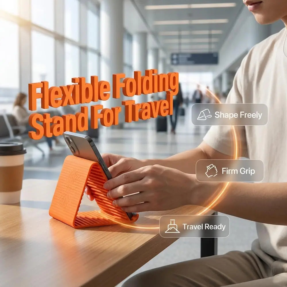A person holds an orange silicone phone stand designed for travel, demonstrating its flexible folding and firm grip features.