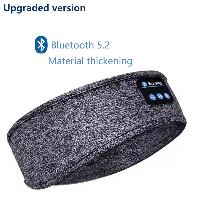 A gray sports headband with a black electronic component, featuring Bluetooth 5.2 and material thickening.