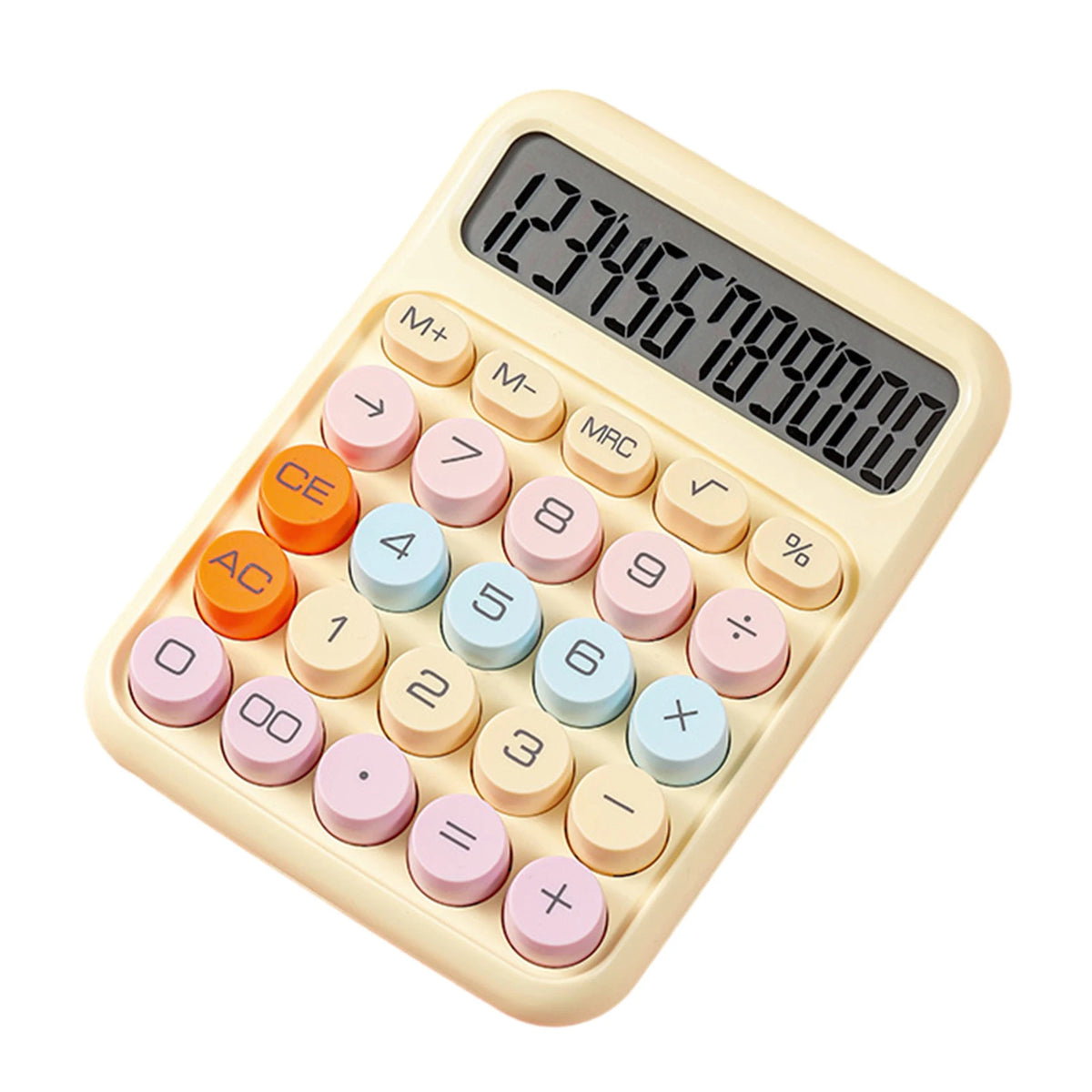 A beige mechanical 12-digit calculator with round keys displaying the number 1234567890000.