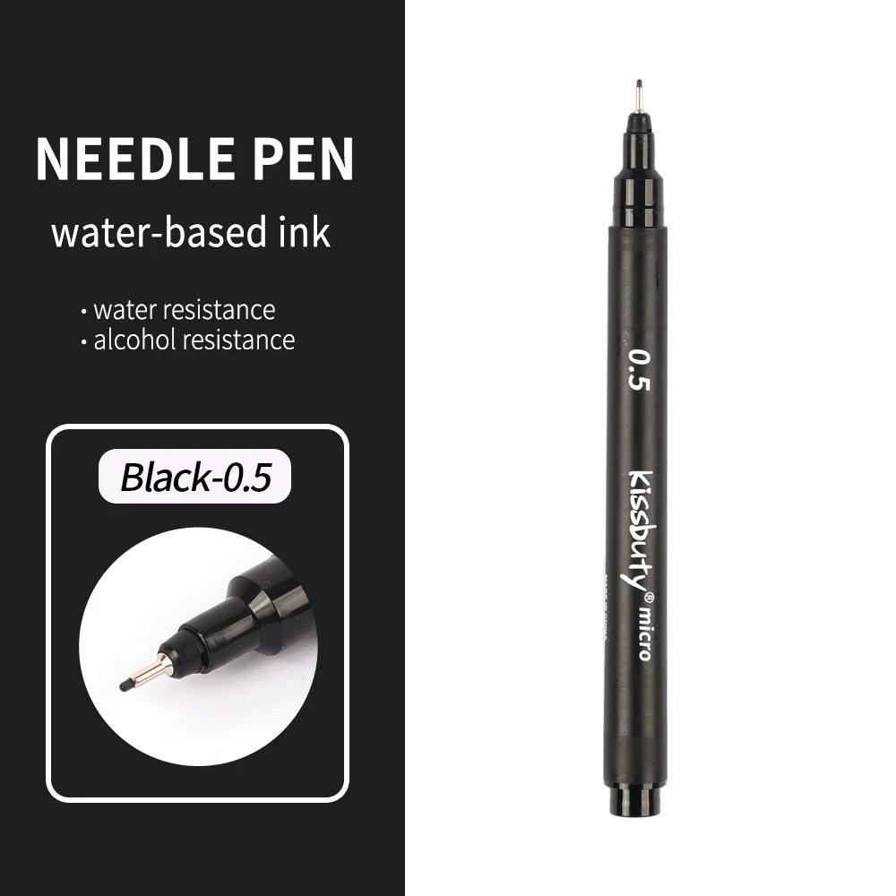 A black needle pen with a 0.5mm tip and a Kissbury micro-fineliner pen body.