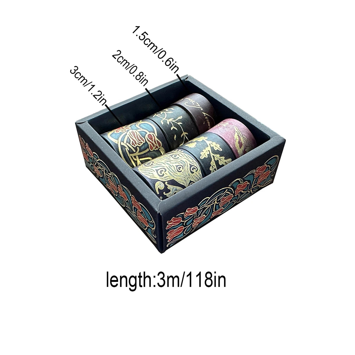 A rectangular box containing a set of metallic gold washi tape rolls for journaling and crafts.
