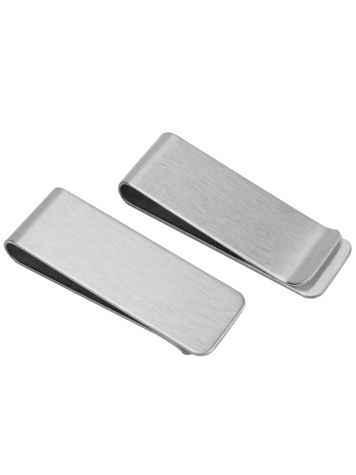 A silver ultra-thin stainless steel money clip wallet shown from the side.