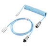 A blue braided USB-C to USB keyboard cable coiled and uncoiled.