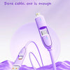 A purple 4-in-1 silicone charging cable is shown with its connector and cable coiled on a light purple background.