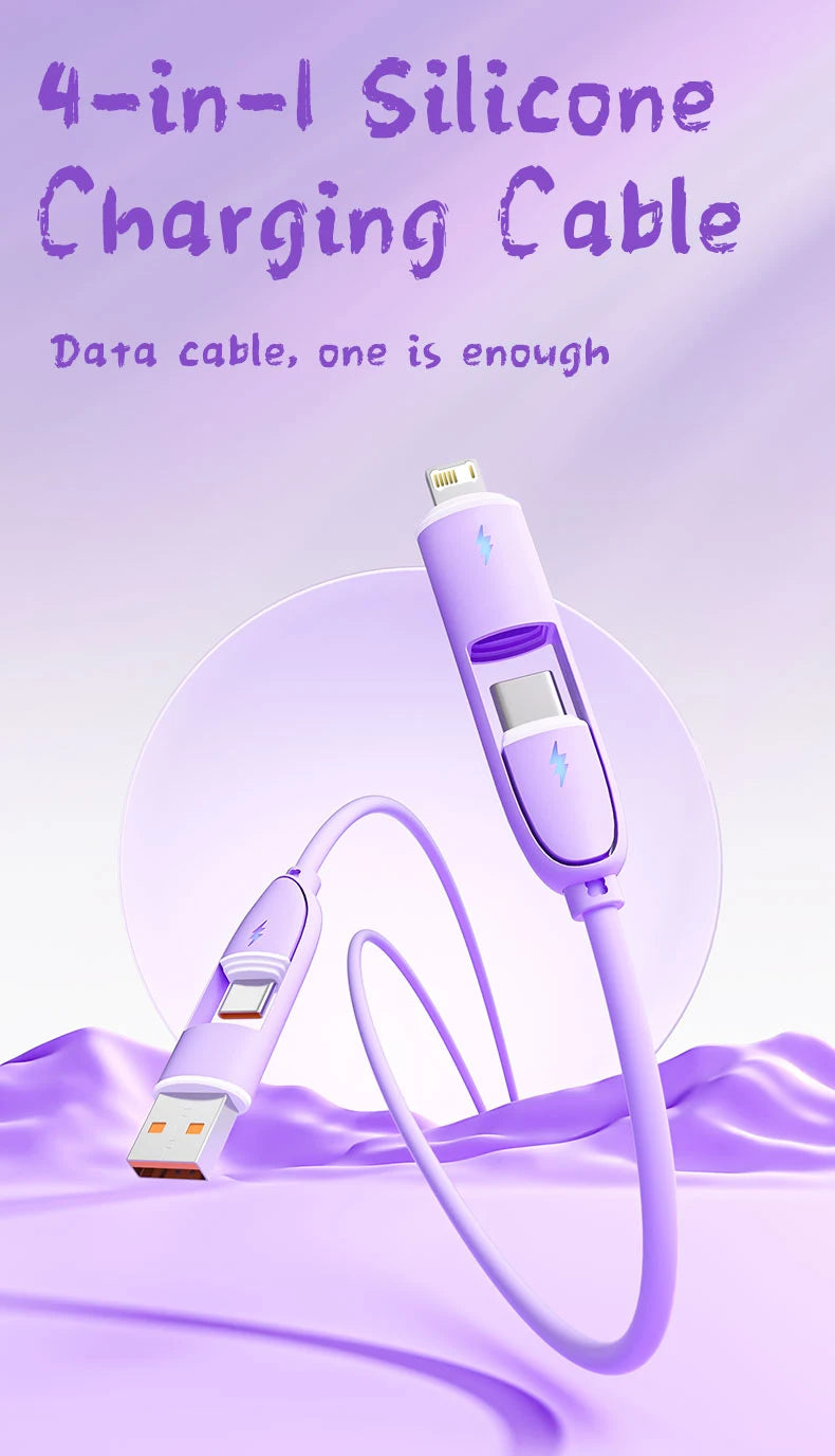 A purple 4-in-1 silicone charging cable is shown with its connector and cable coiled on a light purple background.