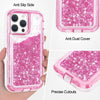 A pink glitter liquid quicksand phone case with precise cutouts shown on a hand.