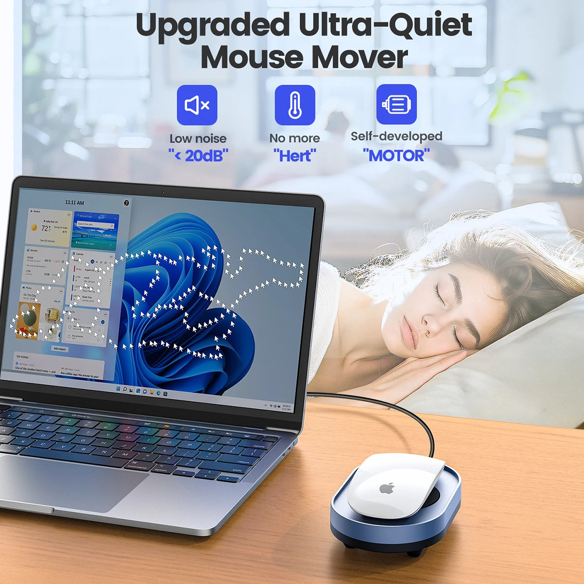 Dispositivo de movimiento de ratón ultra silencioso mejorado junto a una laptop y un ratón Apple.
