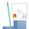 Helle blaue Kapazitätsstilus-Stift neben Lade- und Anschlusszubehör auf blauem Untergrund.