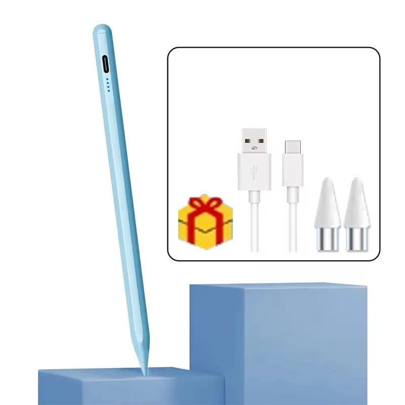 Helle blaue Kapazitätsstilus-Stift neben Lade- und Anschlusszubehör auf blauem Untergrund.