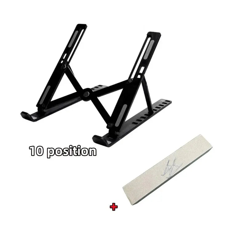 Black foldable adjustable laptop stand with 10 positions and a mounting plate