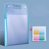 A purple accordion file organizer with a clear pocket and a color palette swatch shown next to it.