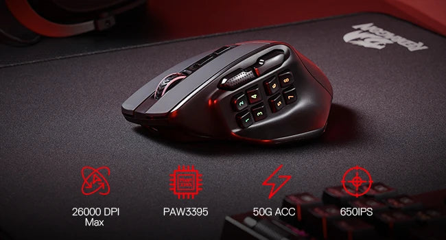 A close-up view of a black wireless MMO gaming mouse with programmable buttons and RGB lighting resting on a dark surface.