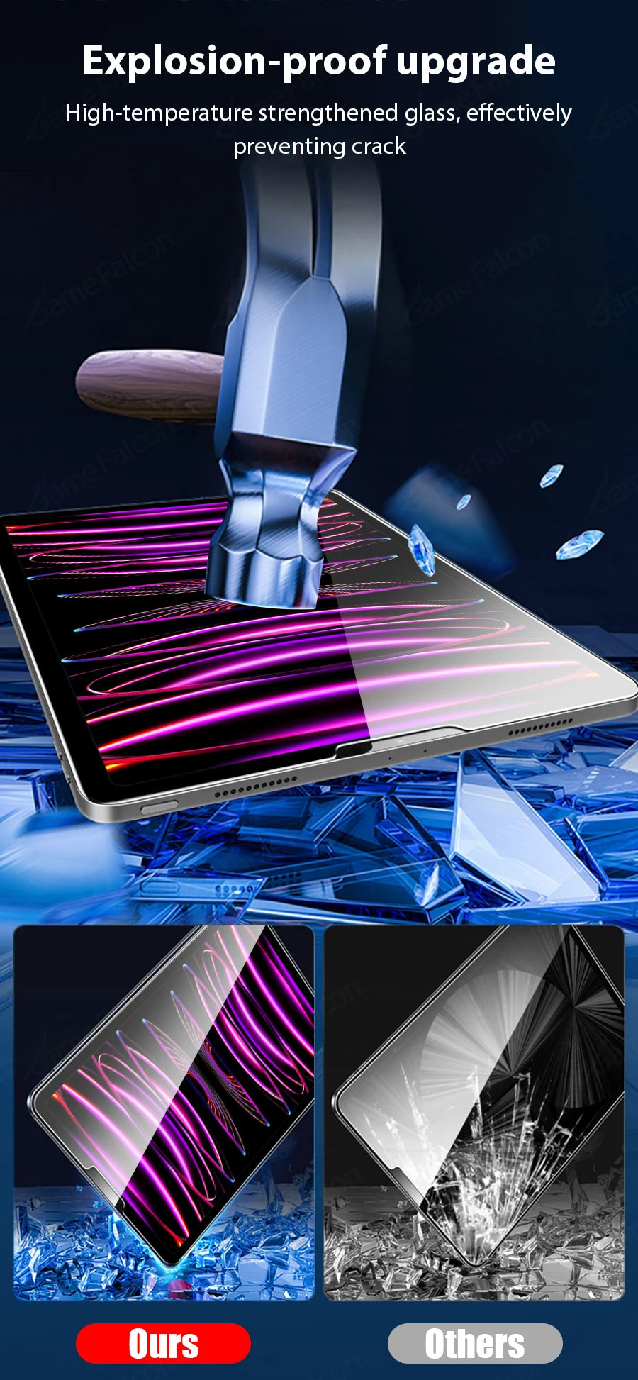 Close-up of a tablet screen being protected by an explosion-proof upgrade glass, demonstrating its strength against cracks.