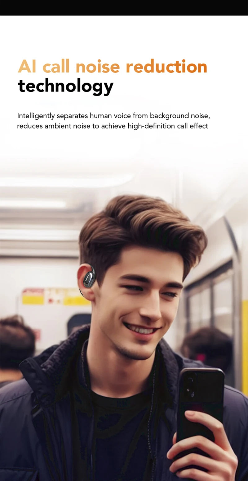 A young man is smiling while wearing open-ear wireless sports earbuds, demonstrating call noise reduction technology.