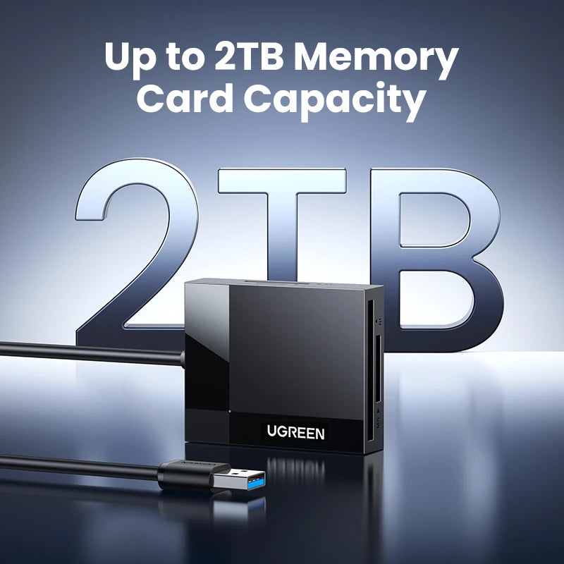 Adaptador lector de tarjeta de memoria UGREEN negra sobre una superficie reflectante con indicación de hasta 2TB de capacidad