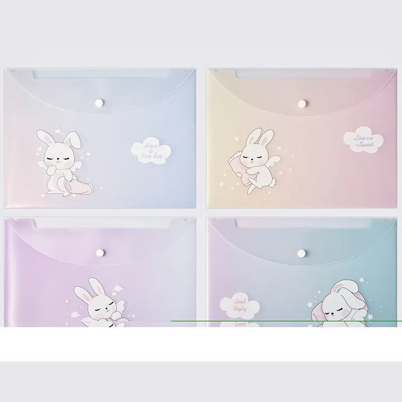 A set of four cute cartoon transparent document pouches for A4 papers in pastel colors.